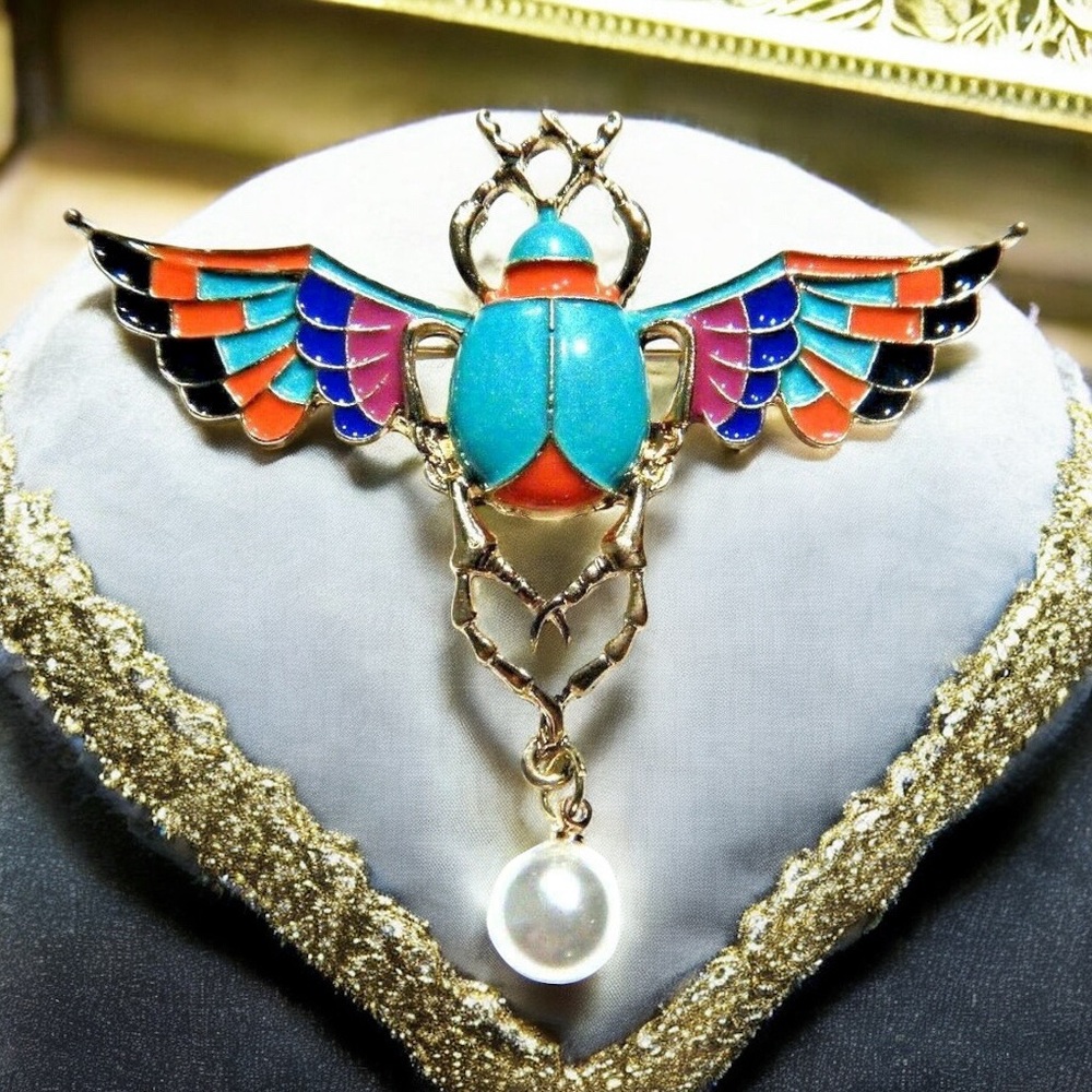 Large colorful Egyptian Revival winged scarab beetle brooch with a pearl pendant